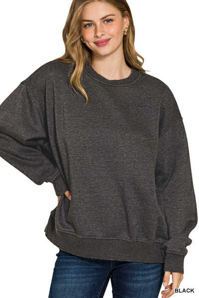 Women's Acid Washed Oversized Fleece Pullover~Black