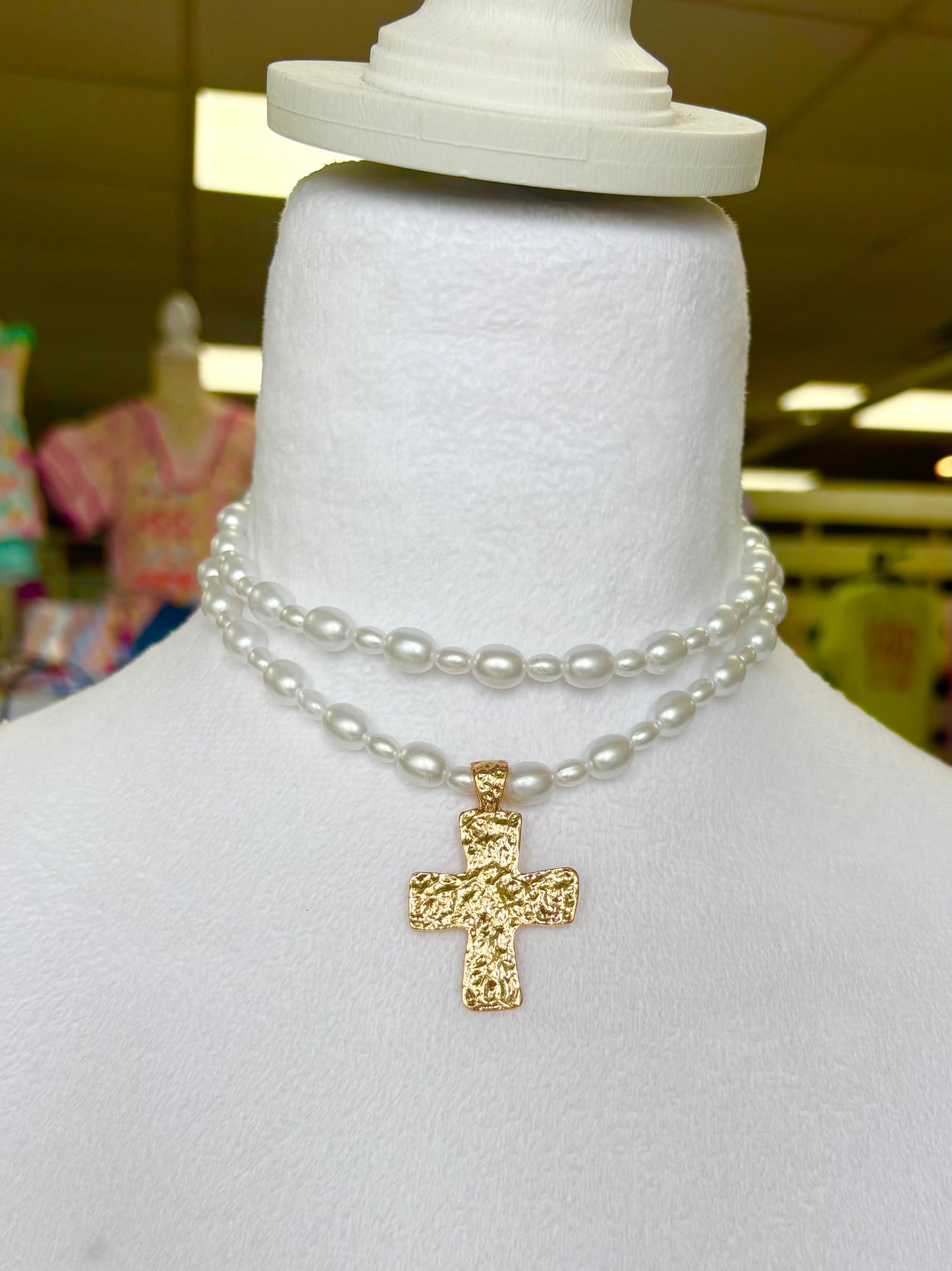 KK Double Layered Pearl/Gold Hammered Cross Necklace
