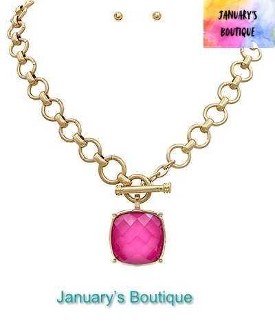 Dark Pink Square Stone Necklace Set