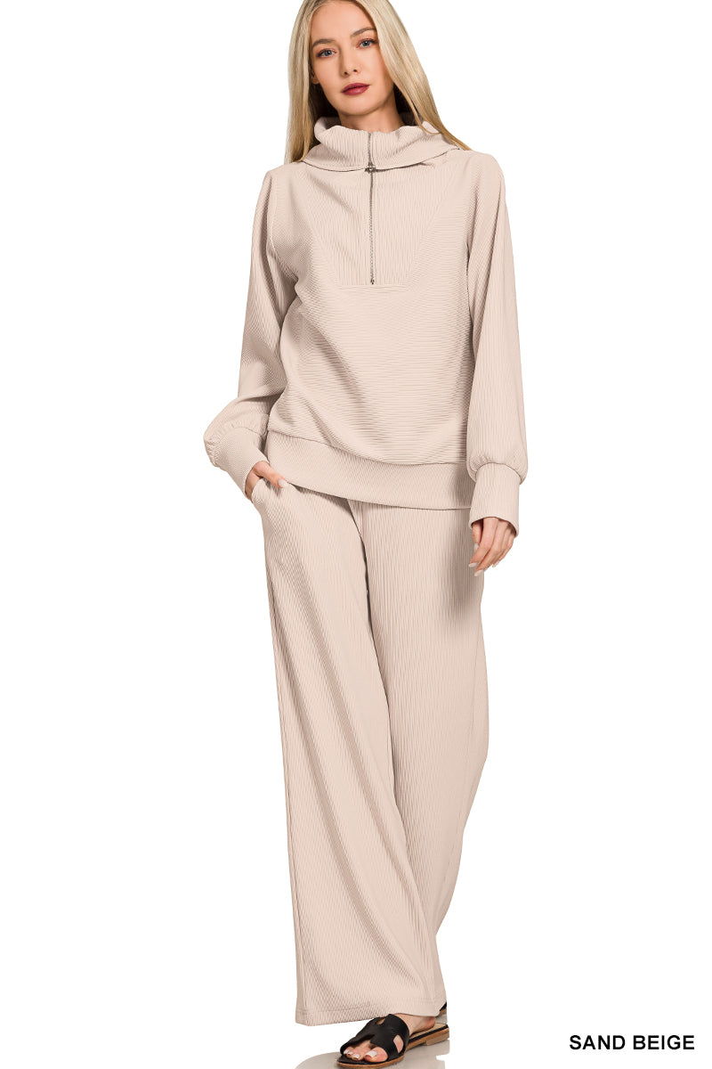 Women’s Sand Beige Ribbed Half Zip Pants Set
