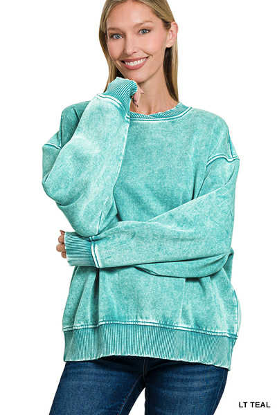 Women's Acid Washed Oversized Fleece Pullover~Light Teal