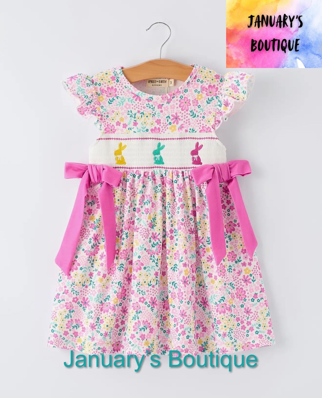 Girl’s Easter Floral Bunny Smocked Dress