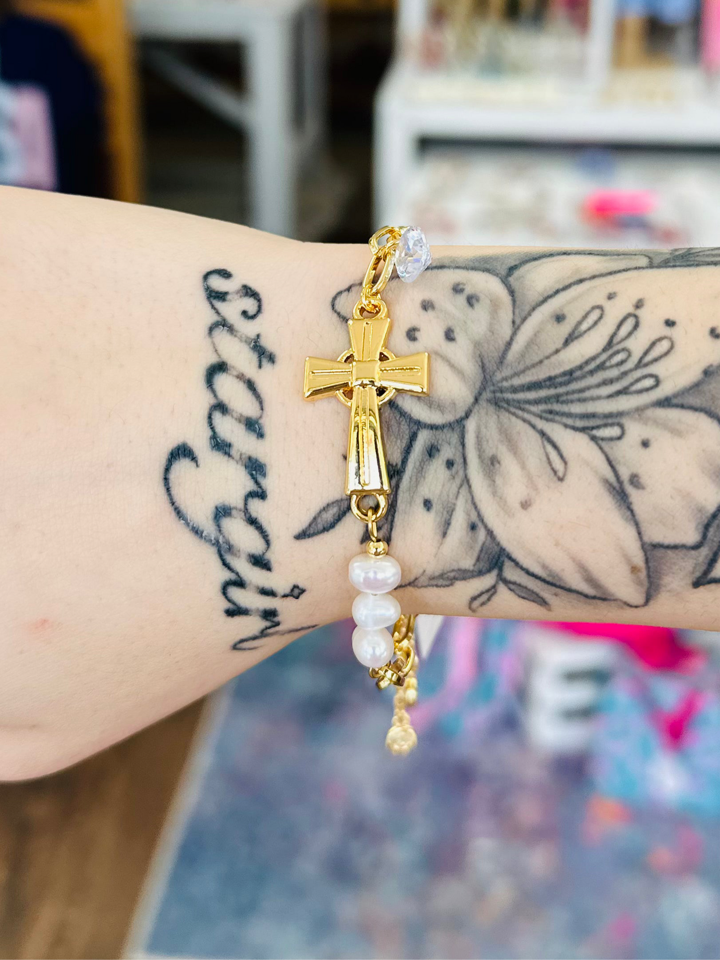 KK Gold Chain Bracelet with Gold Cross