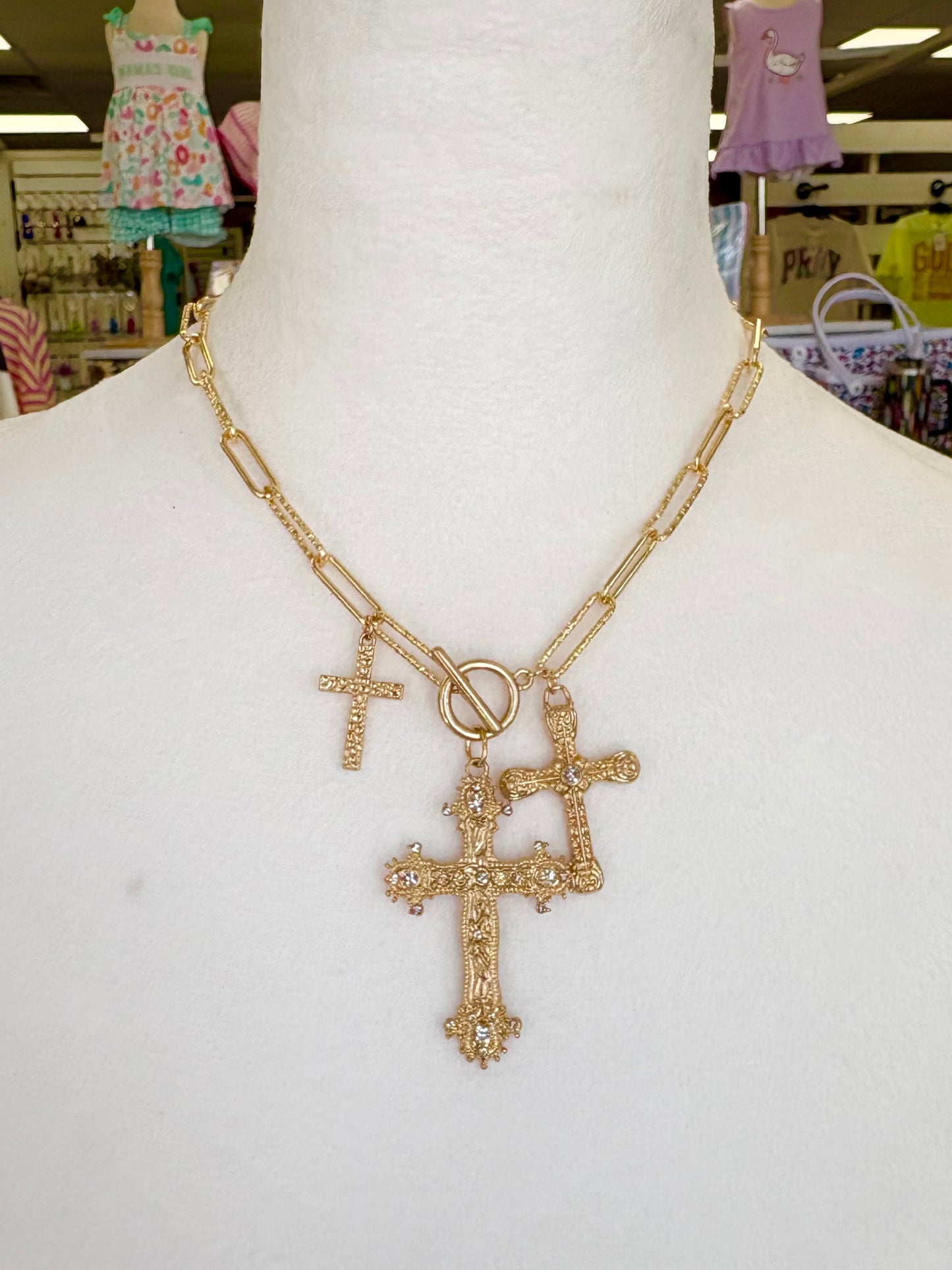 Gold Cross Charm Toggle Necklace