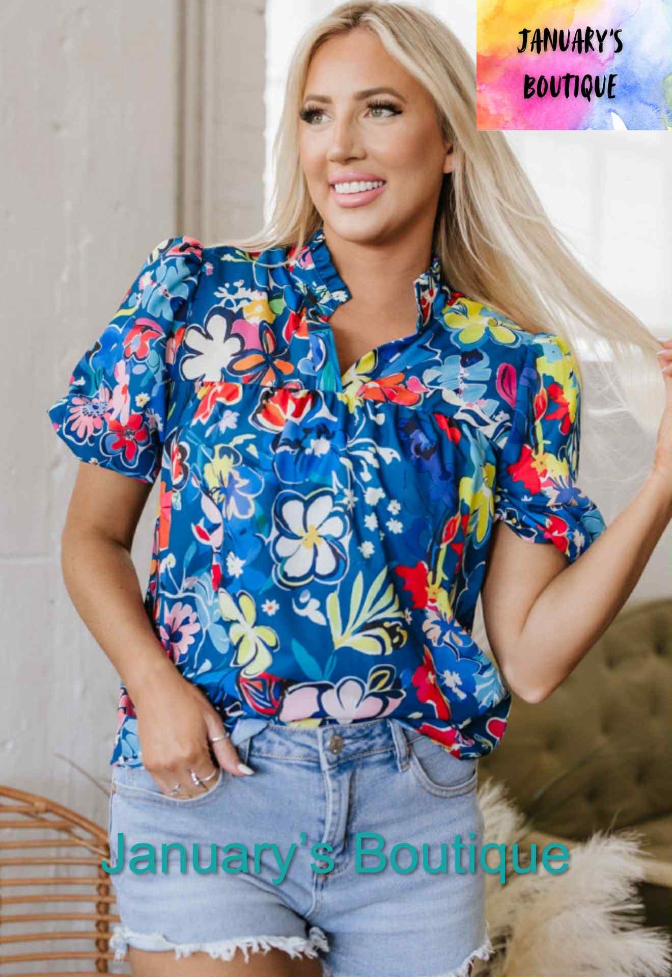 Women's Blue Multi Floral Top