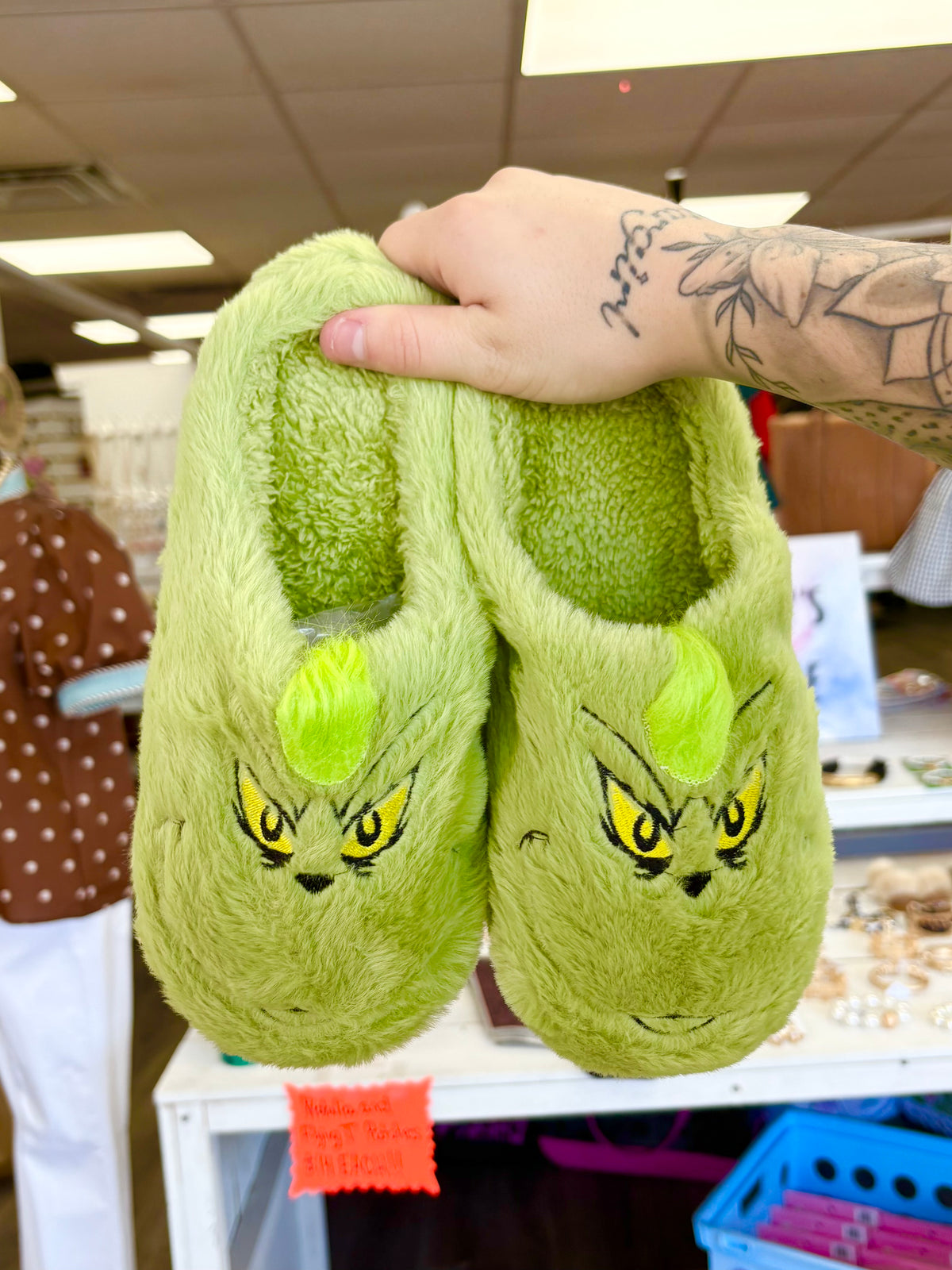 KK Green Fuzzy Gri*ch Slippers