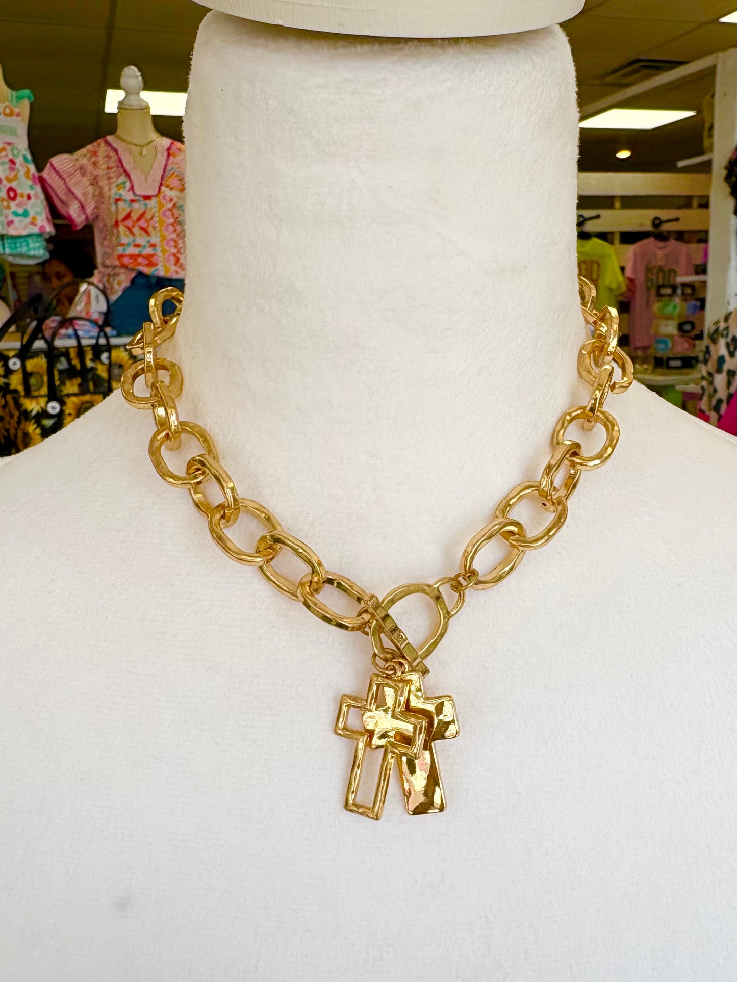 KK Gold Chunky Double Cross Toggle Clasp Necklace