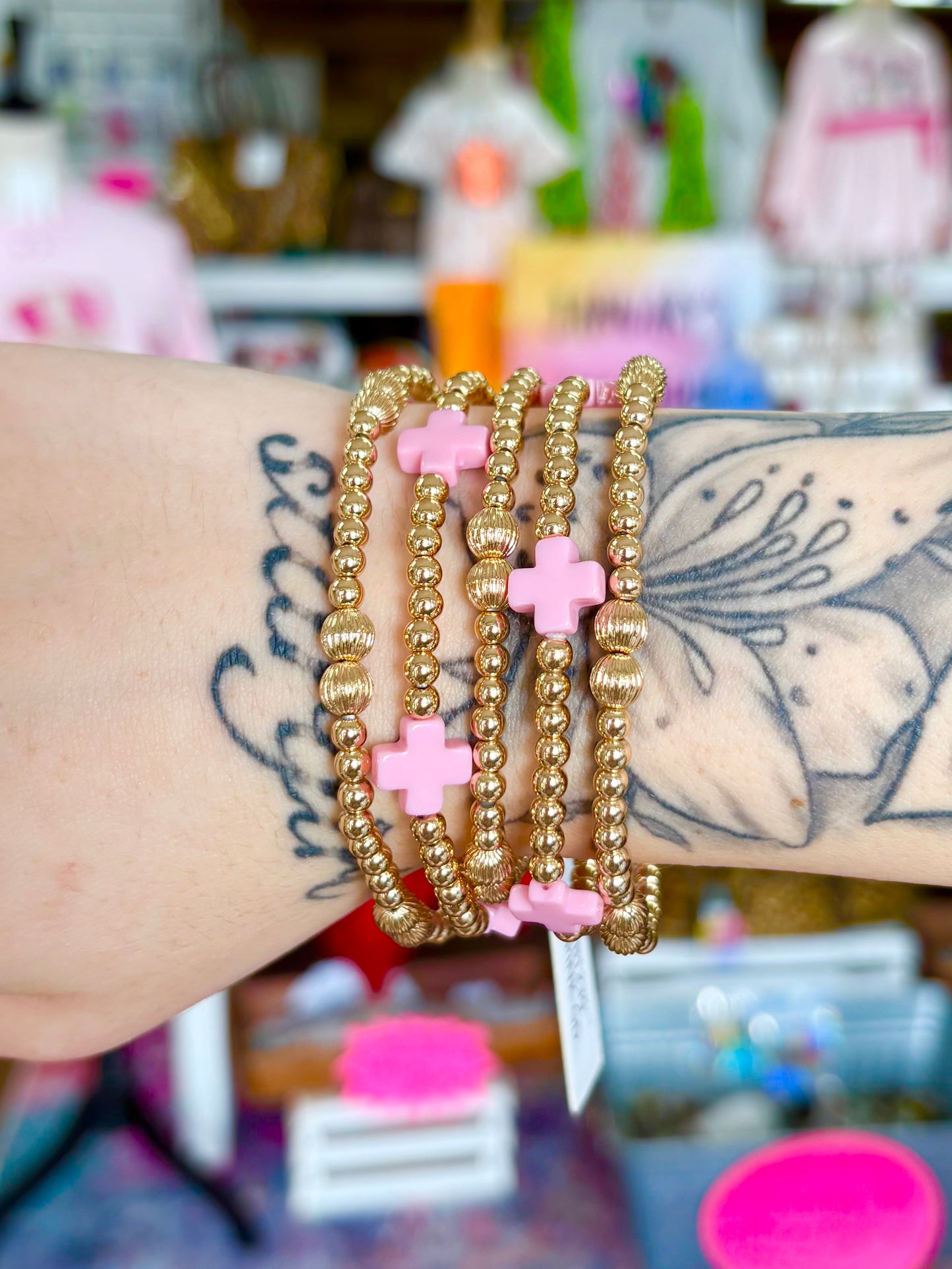 KK Gold Pink Cross Beaded Bracelet Set
