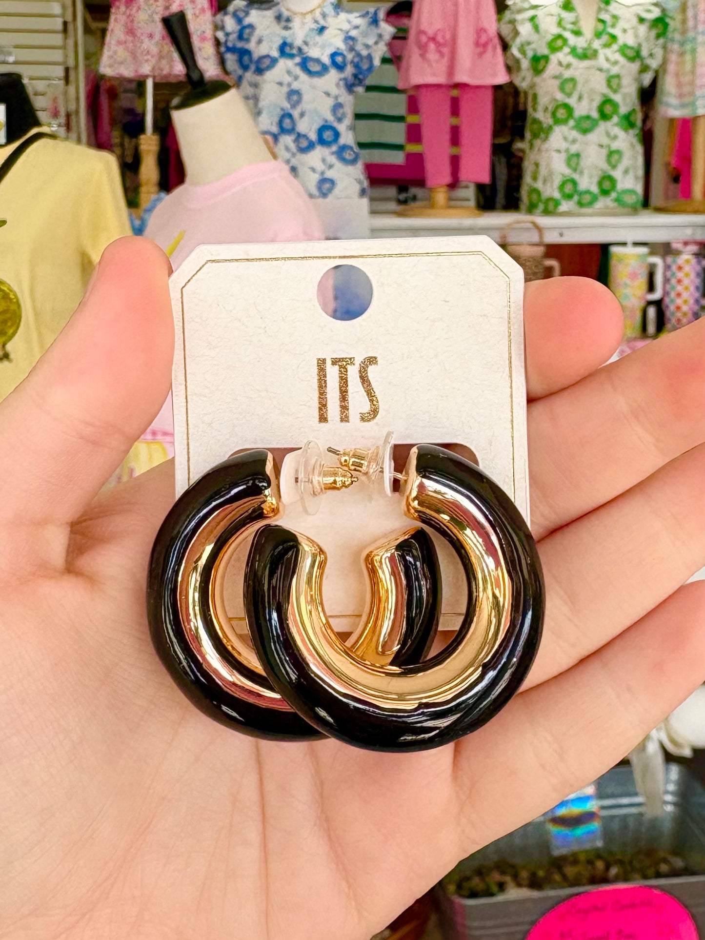 Gold Black Puffy Hoops