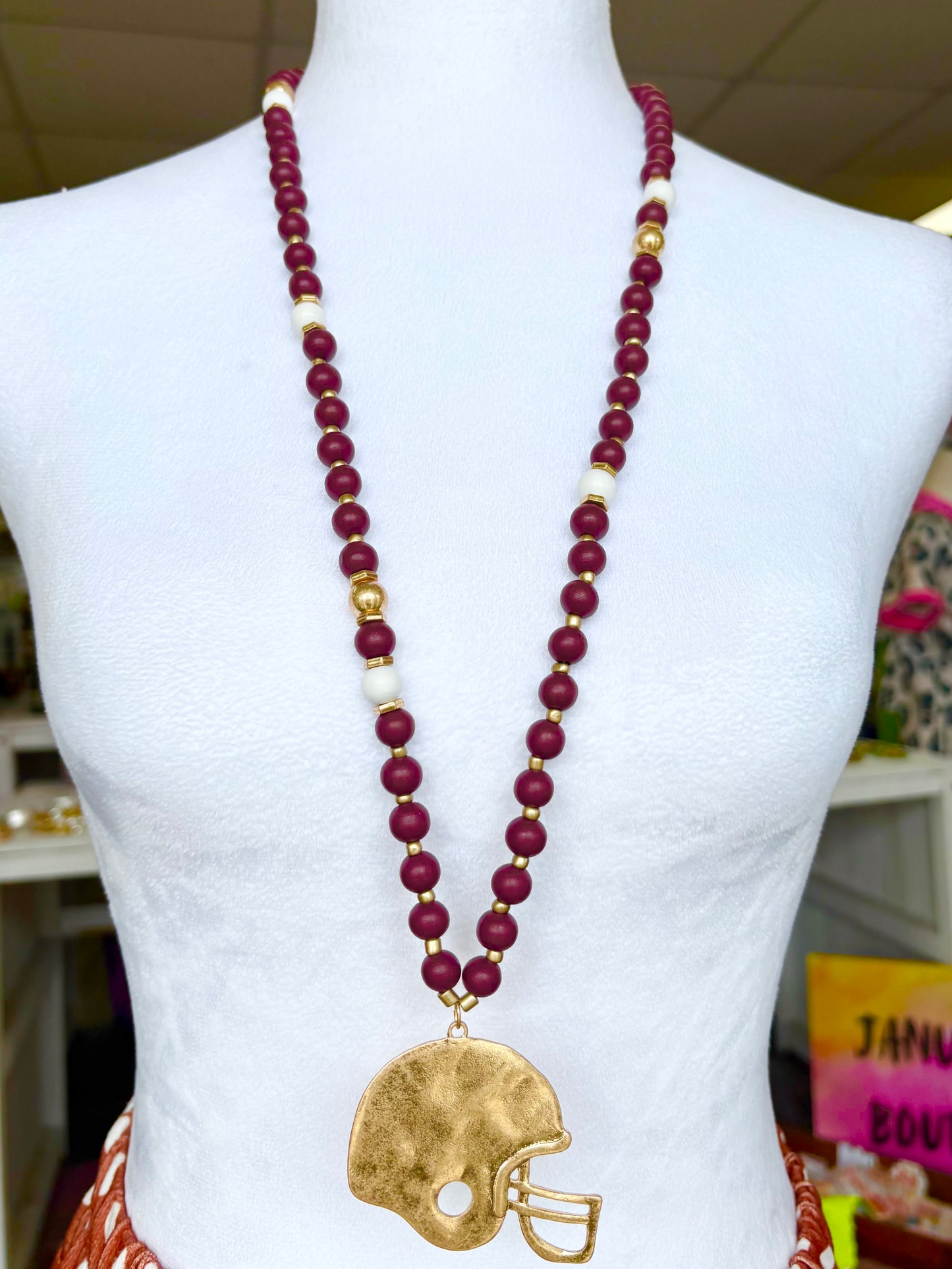 Burgundy/White/Matte Gold Football Helmet Necklace