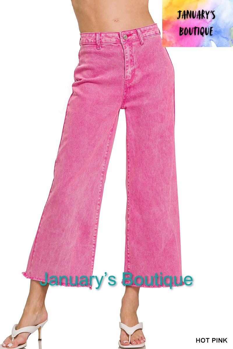 Women’s Hot Pink Acid Washed Frayed Hem Pants