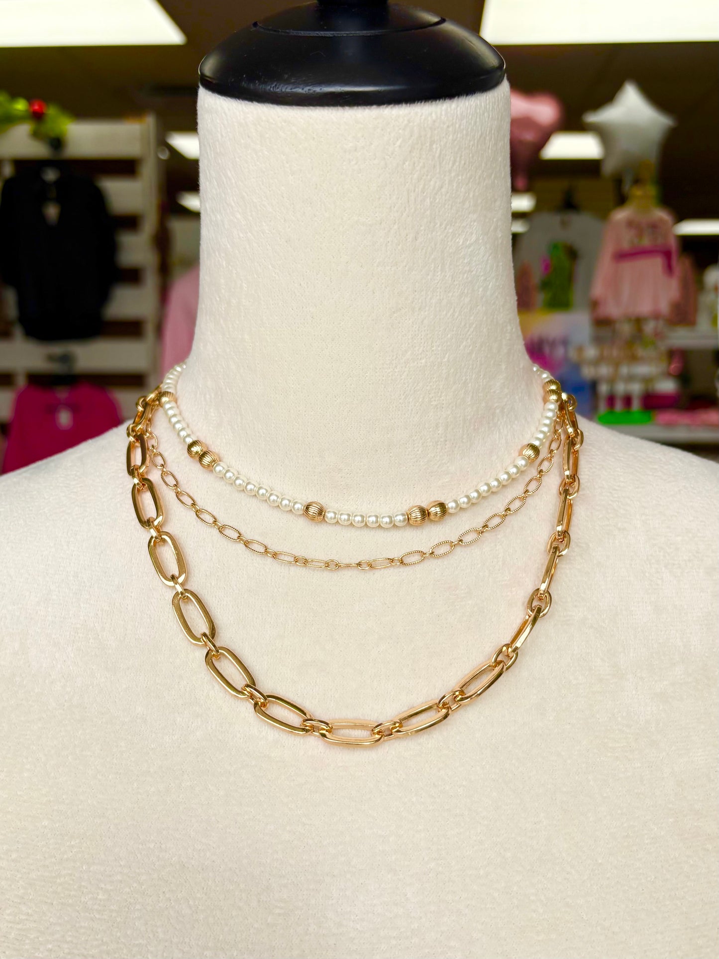 KK Gold/Pearl Beaded Chain Layered Necklace