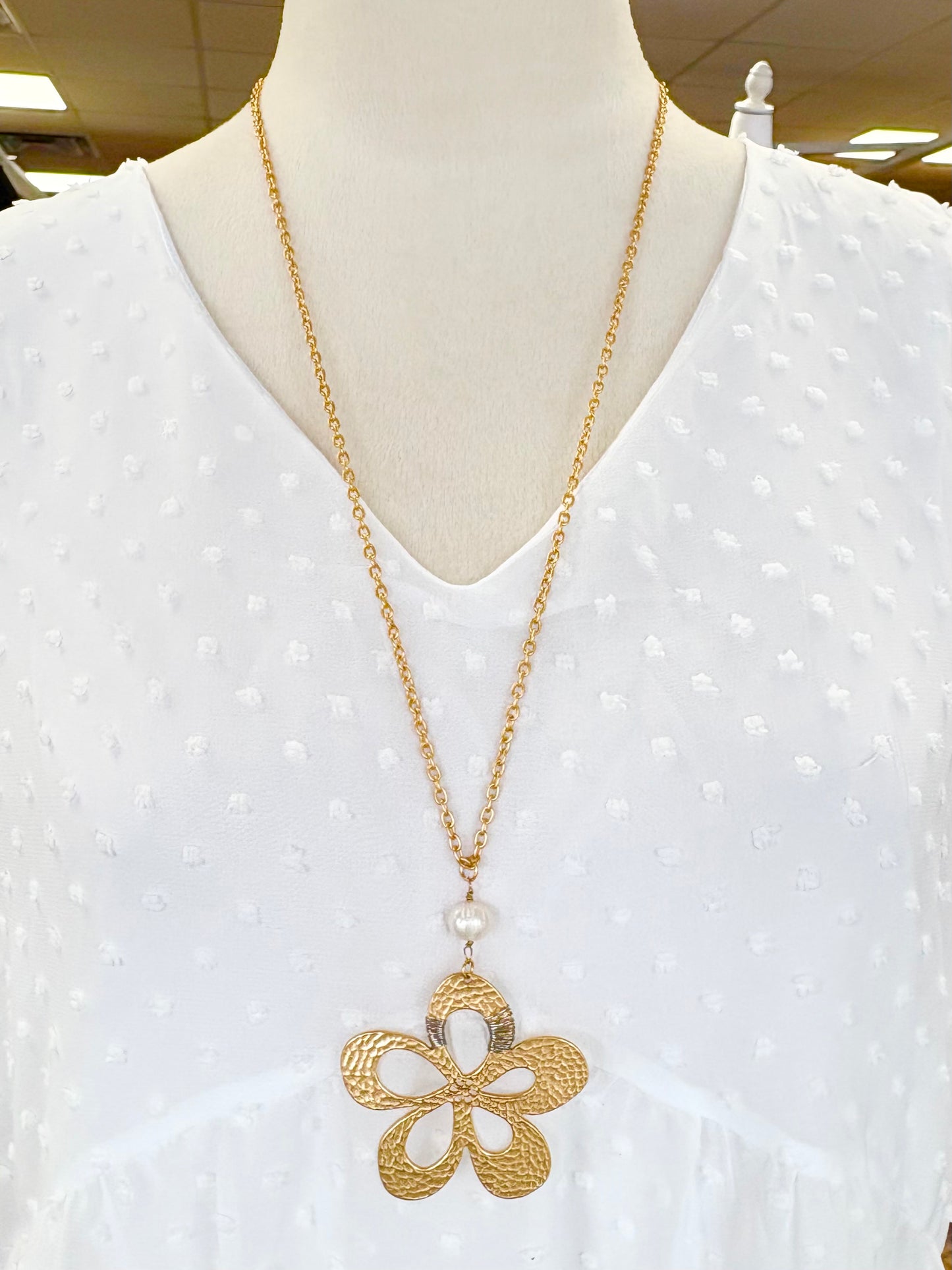 Long Matte Gold Pearl Flower Necklace
