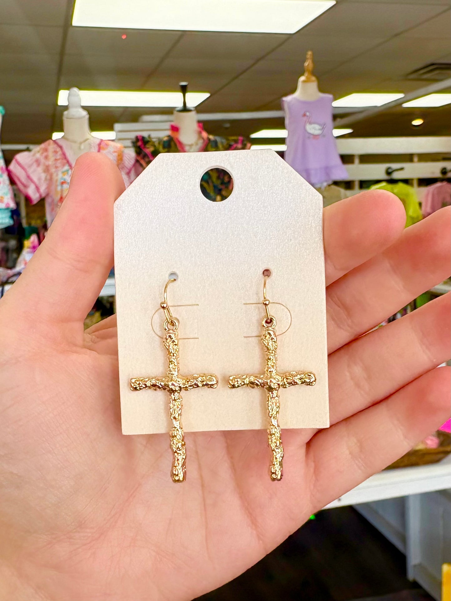 KK Thin Gold Hammered Cross Earrings