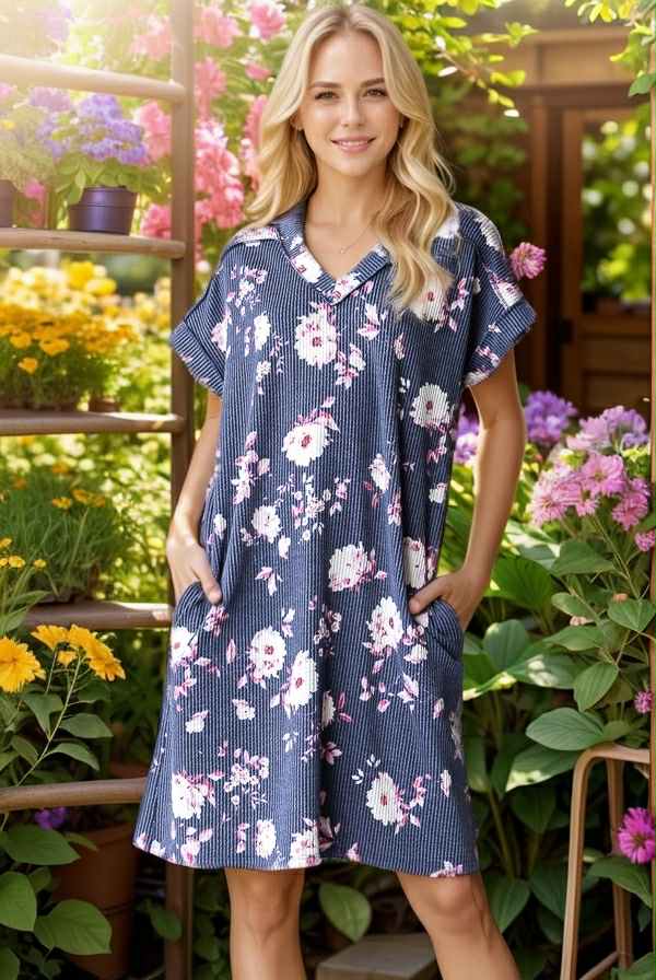 Women's Navy Floral Ribbed Dress