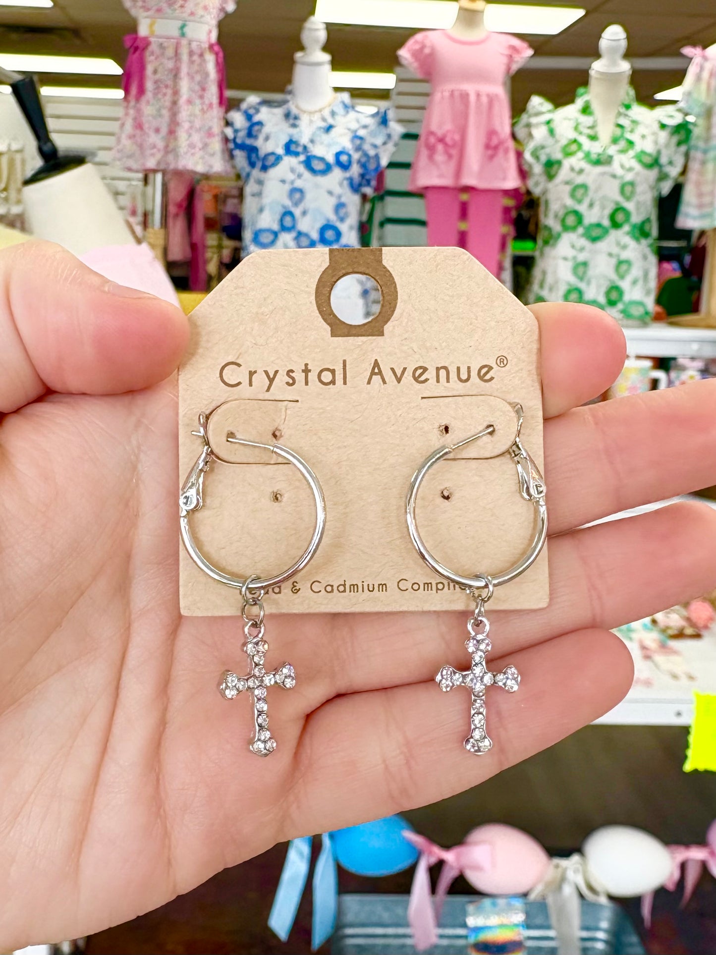 Silver Cross Rhinestone Drop Earrings