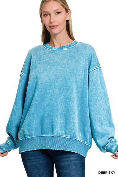 Women's Acid Washed Oversized Fleece Pullover~Deep Sky