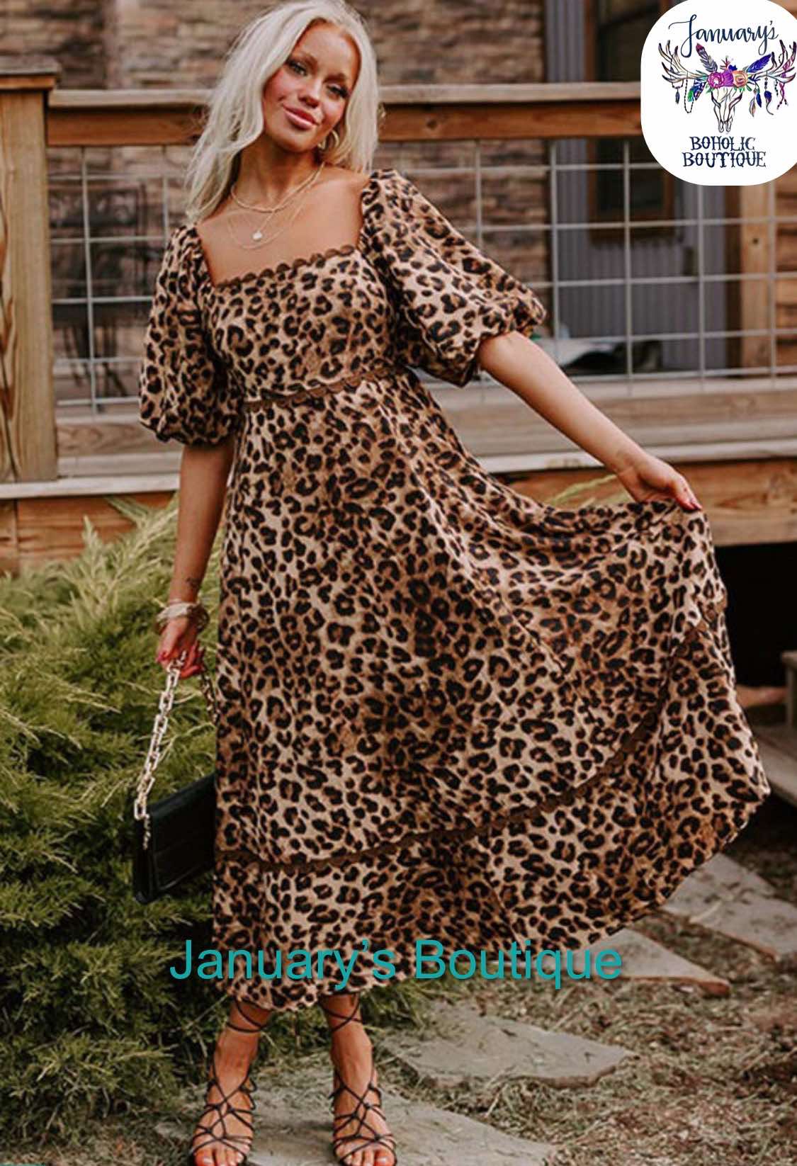 Women's Brown Leopard Bubble Sleeve Dress