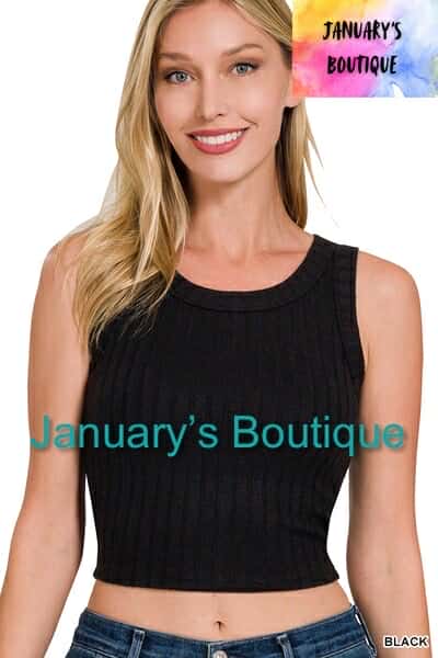 Women's Black Ribbed Cropped Sleeveless Top