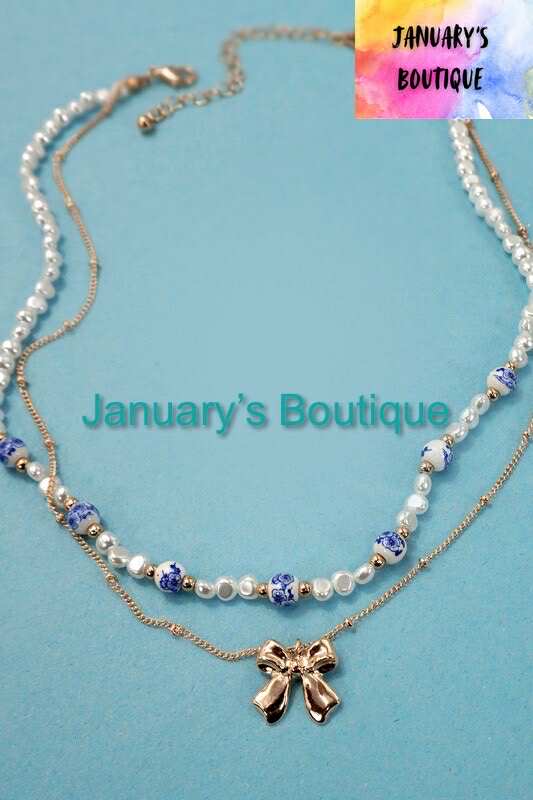 Blue Toile Layered Bow Necklace