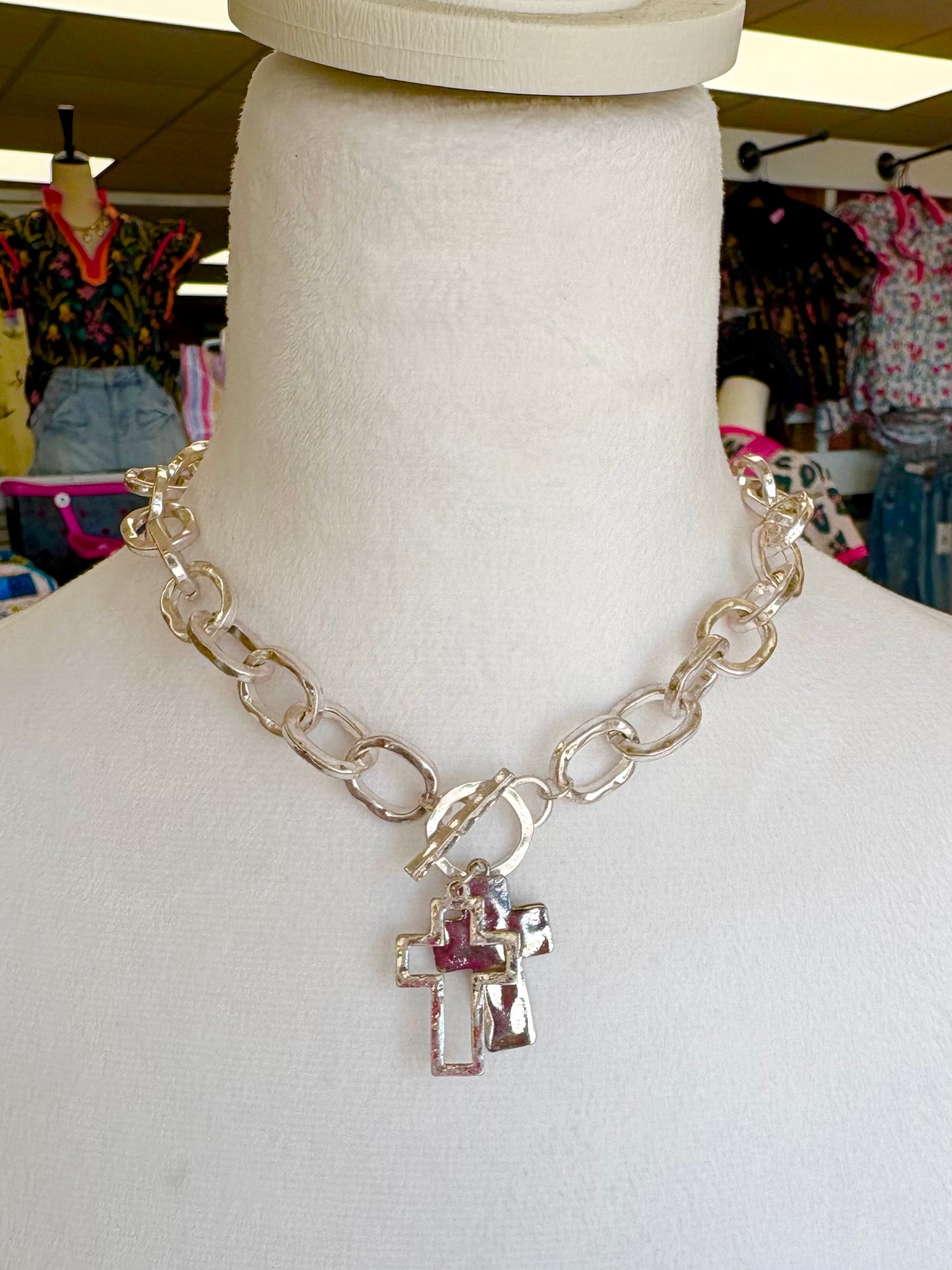 KK Silver Chunky Double Cross Toggle Clasp Necklace