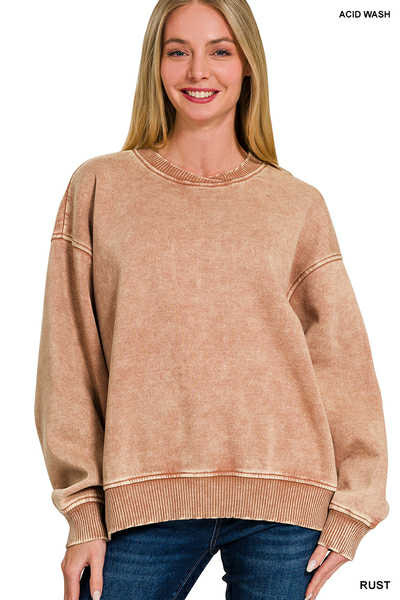 Women's Acid Washed Oversized Fleece Pullover~Rust