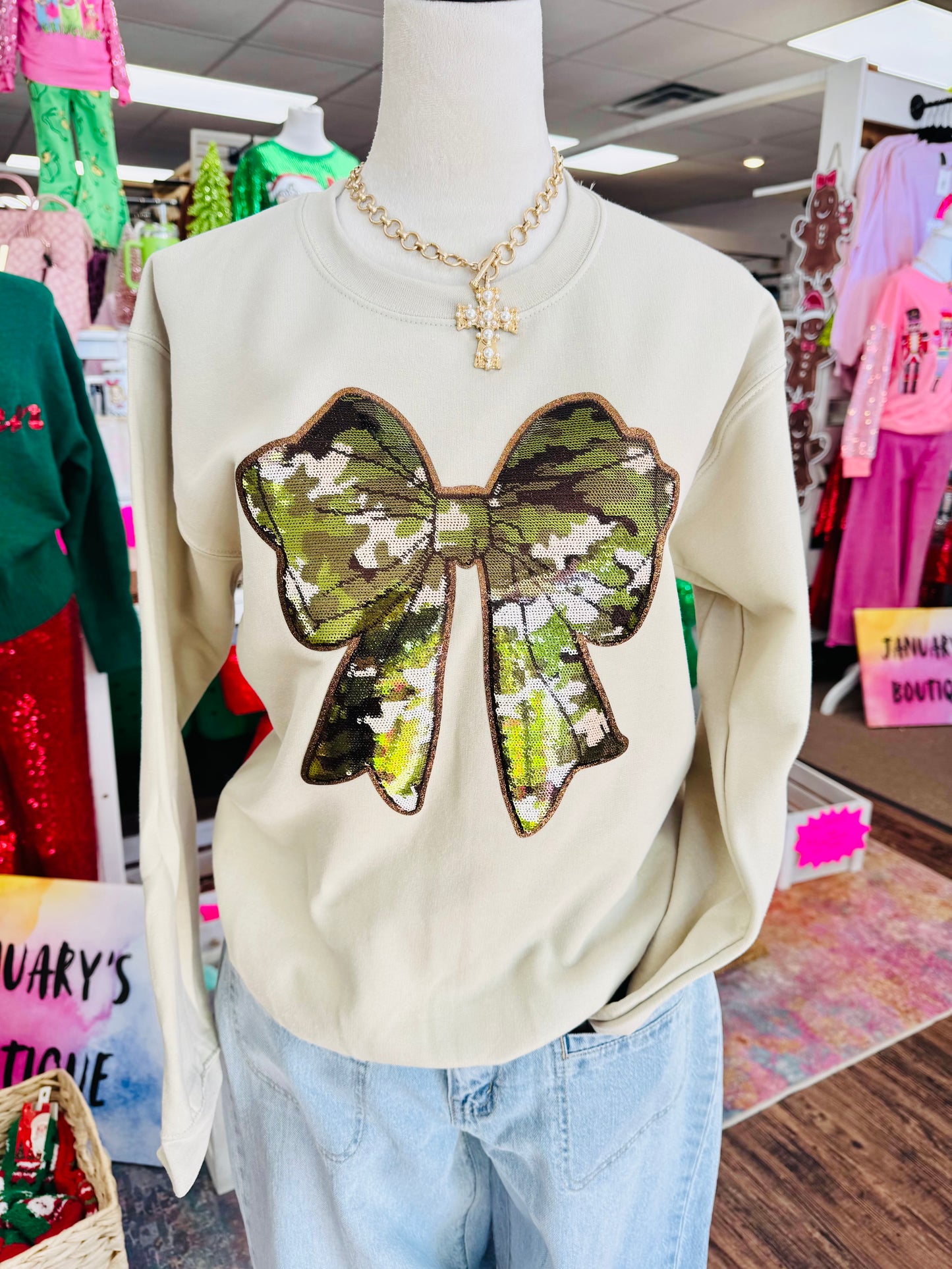 Women's Sequin Camo Bow Crew