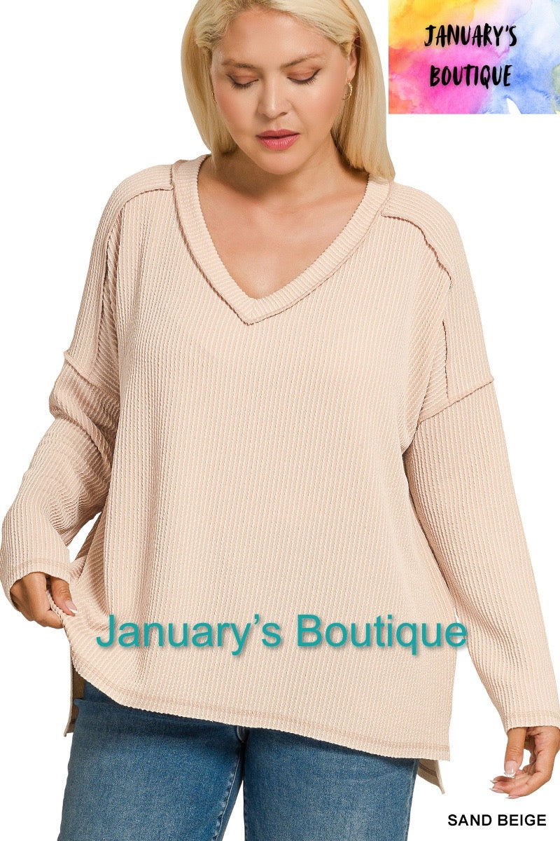 Women’s Plus Beige Ribbed Hi-Lo Top