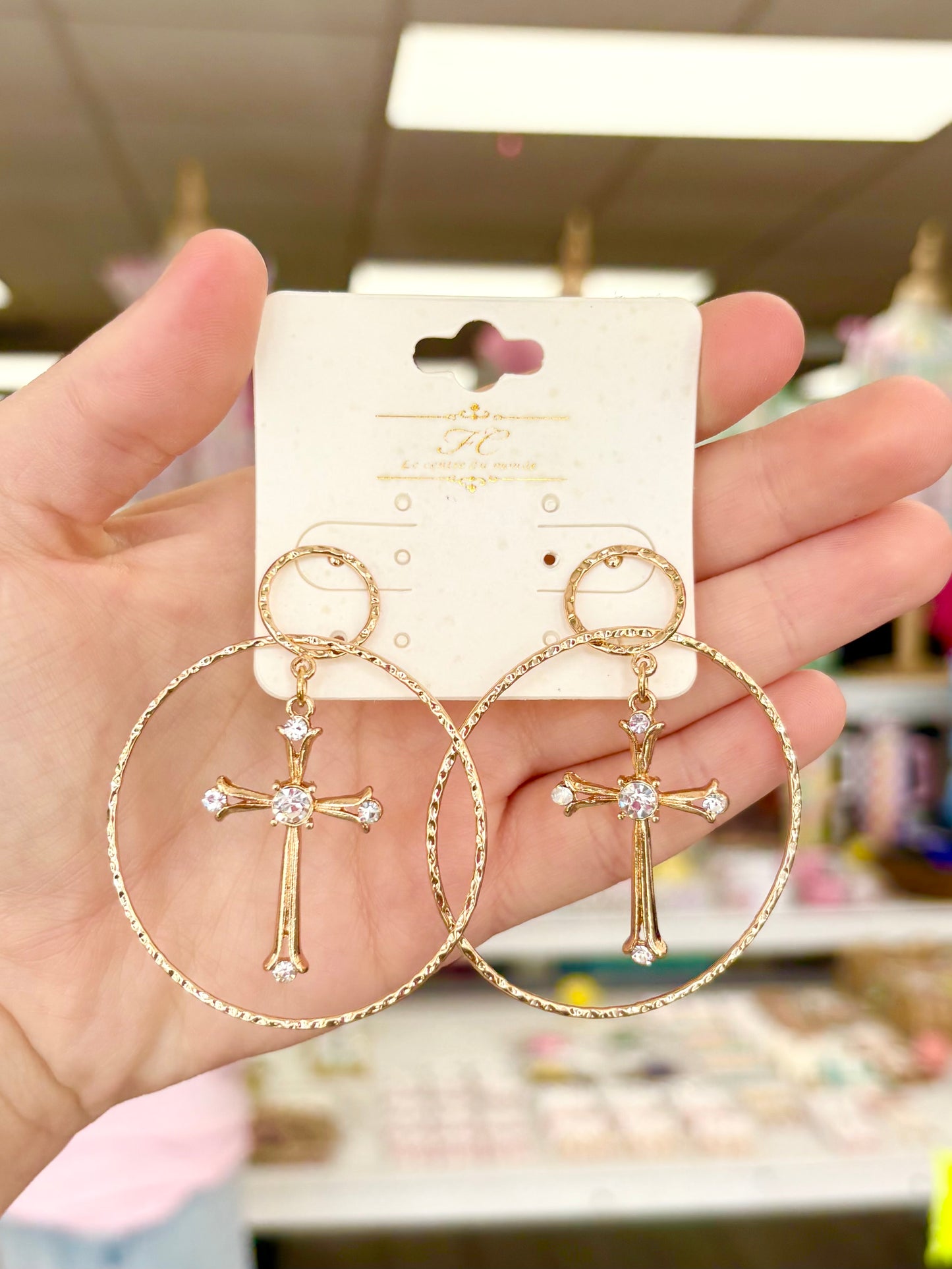 Gold Rhinestone Cross Drop Earrings