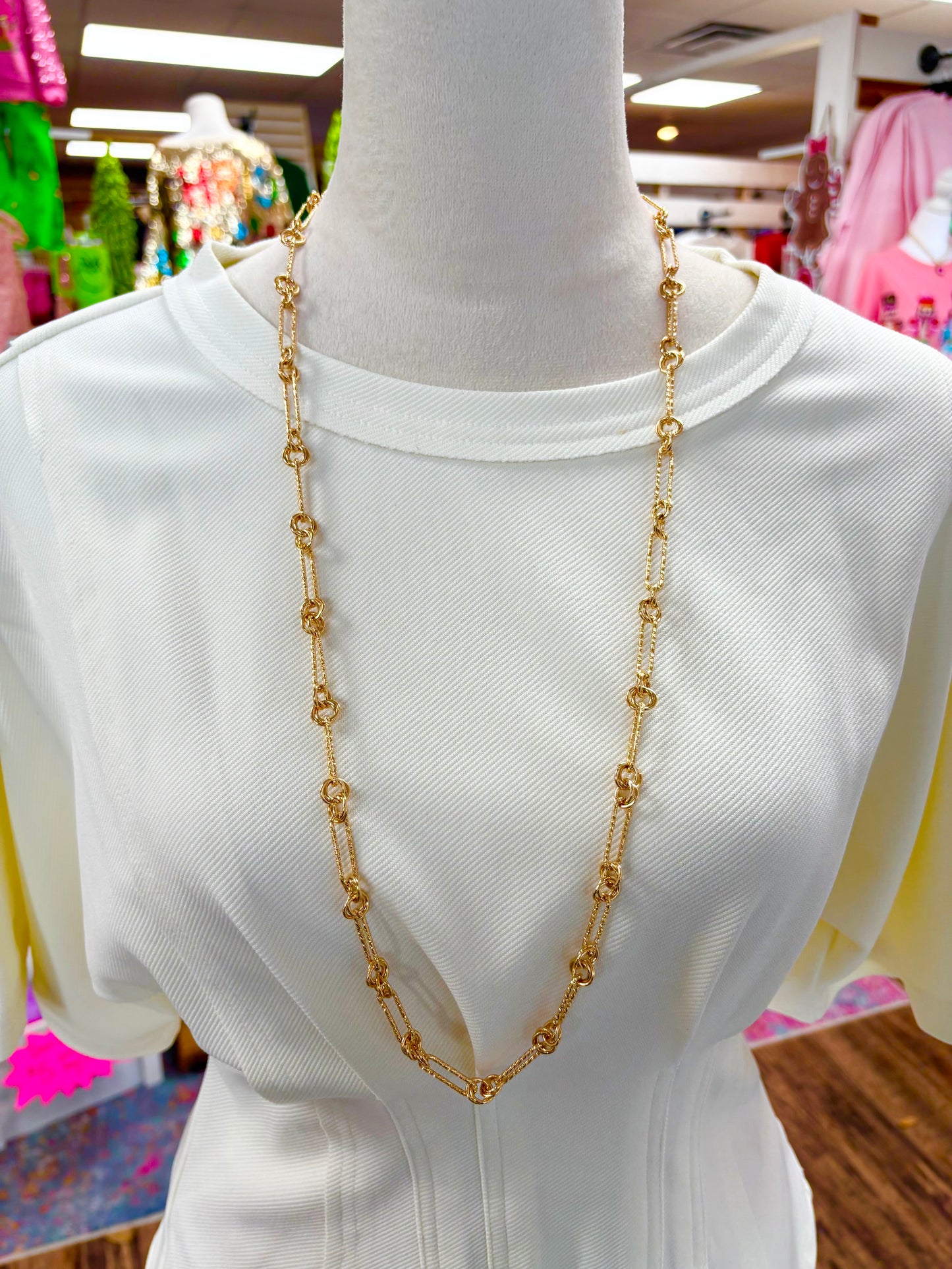 KK Long Gold Double Textured Paperclip Necklace