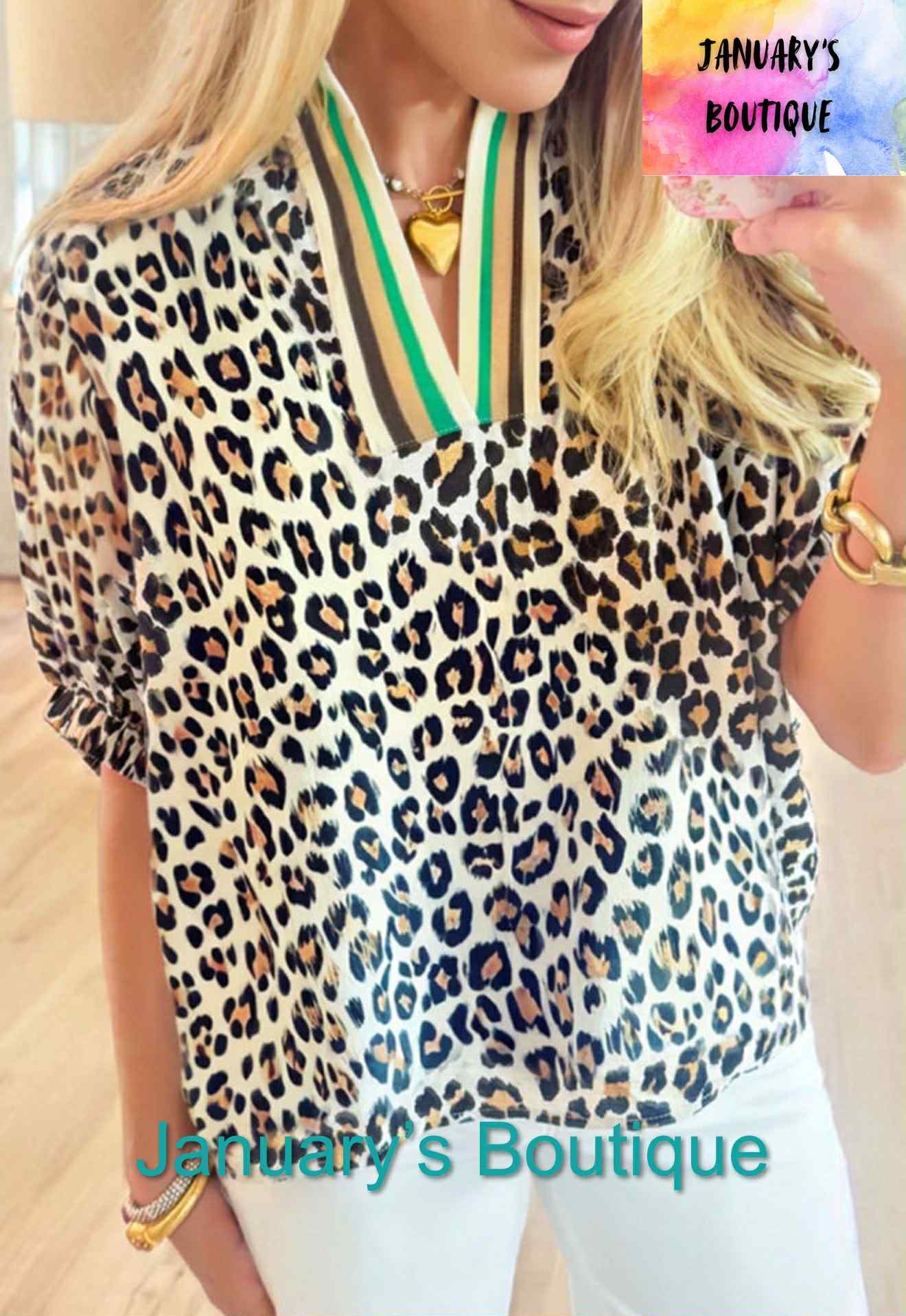 Women's Khaki Leopard Color Block Top