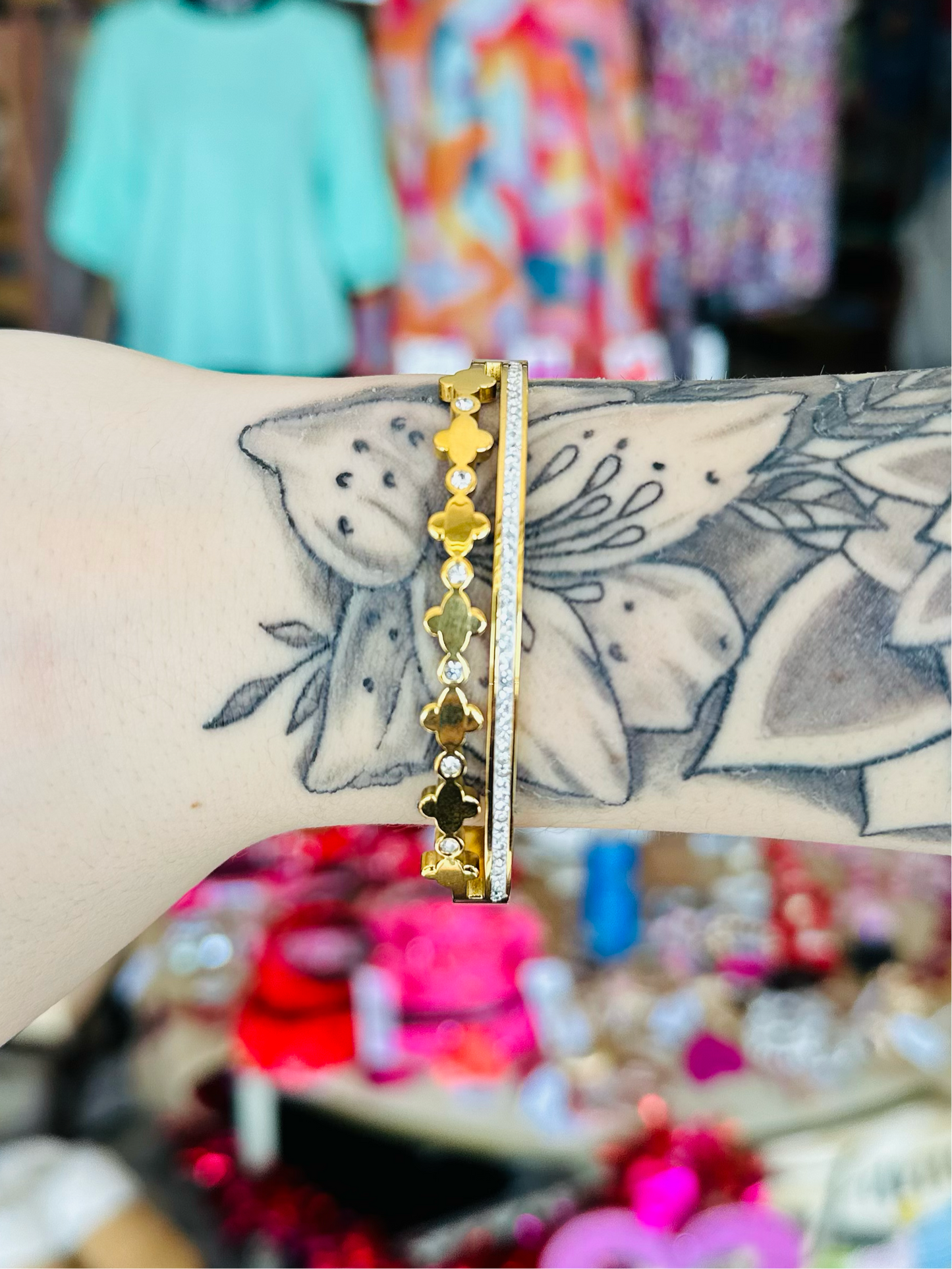 Gold and Rhinestone Clover Bangle