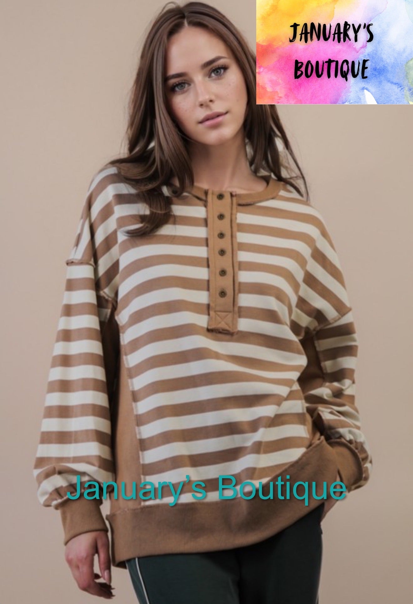 Women’s Oversized Taupe Striped Top
