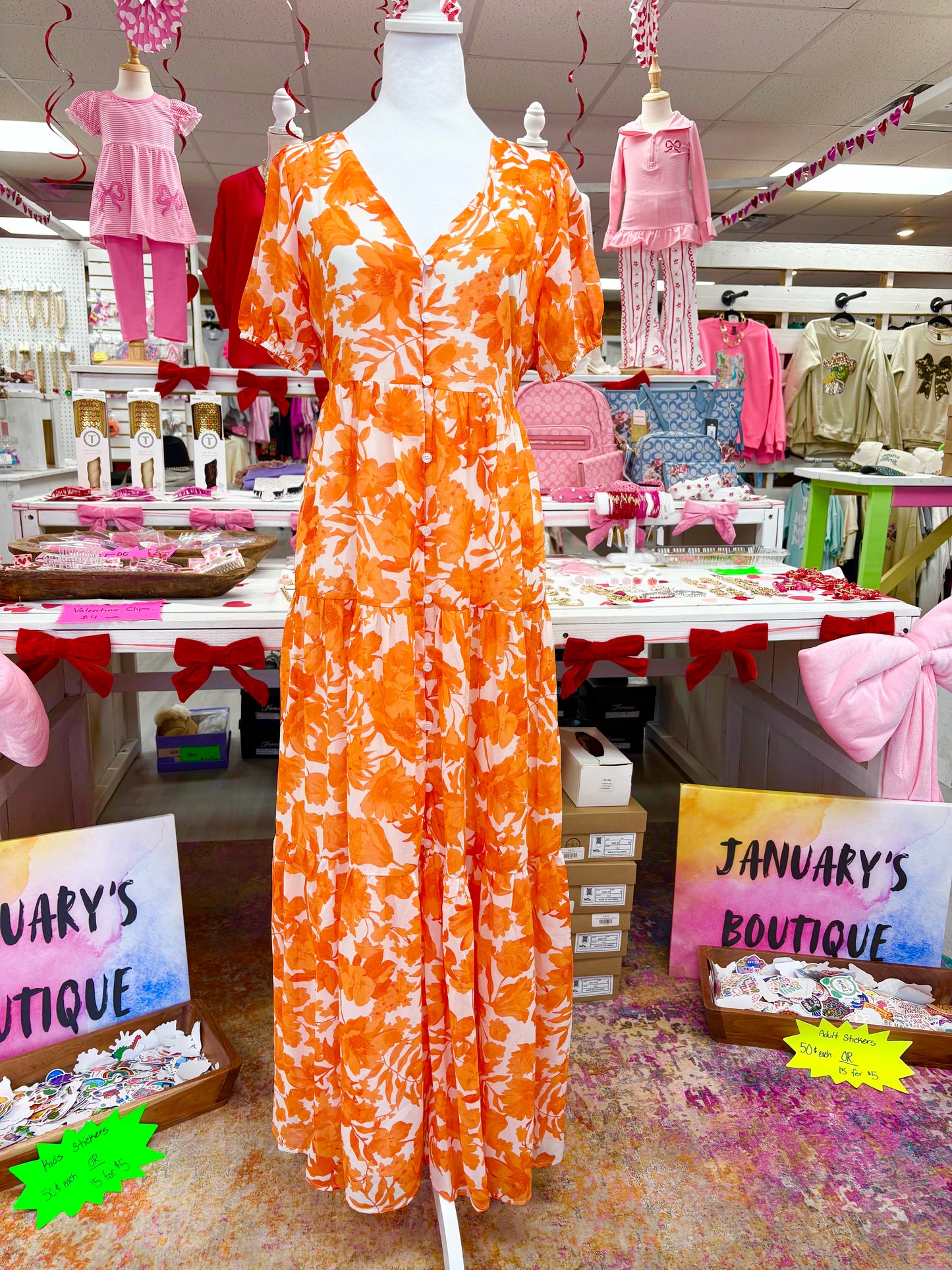 Orange Floral Button Down Long Dress