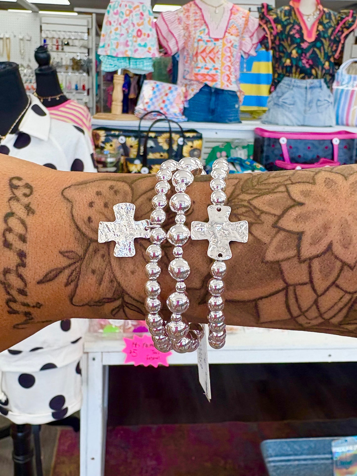 KK Hammered Silver Cross Bracelet