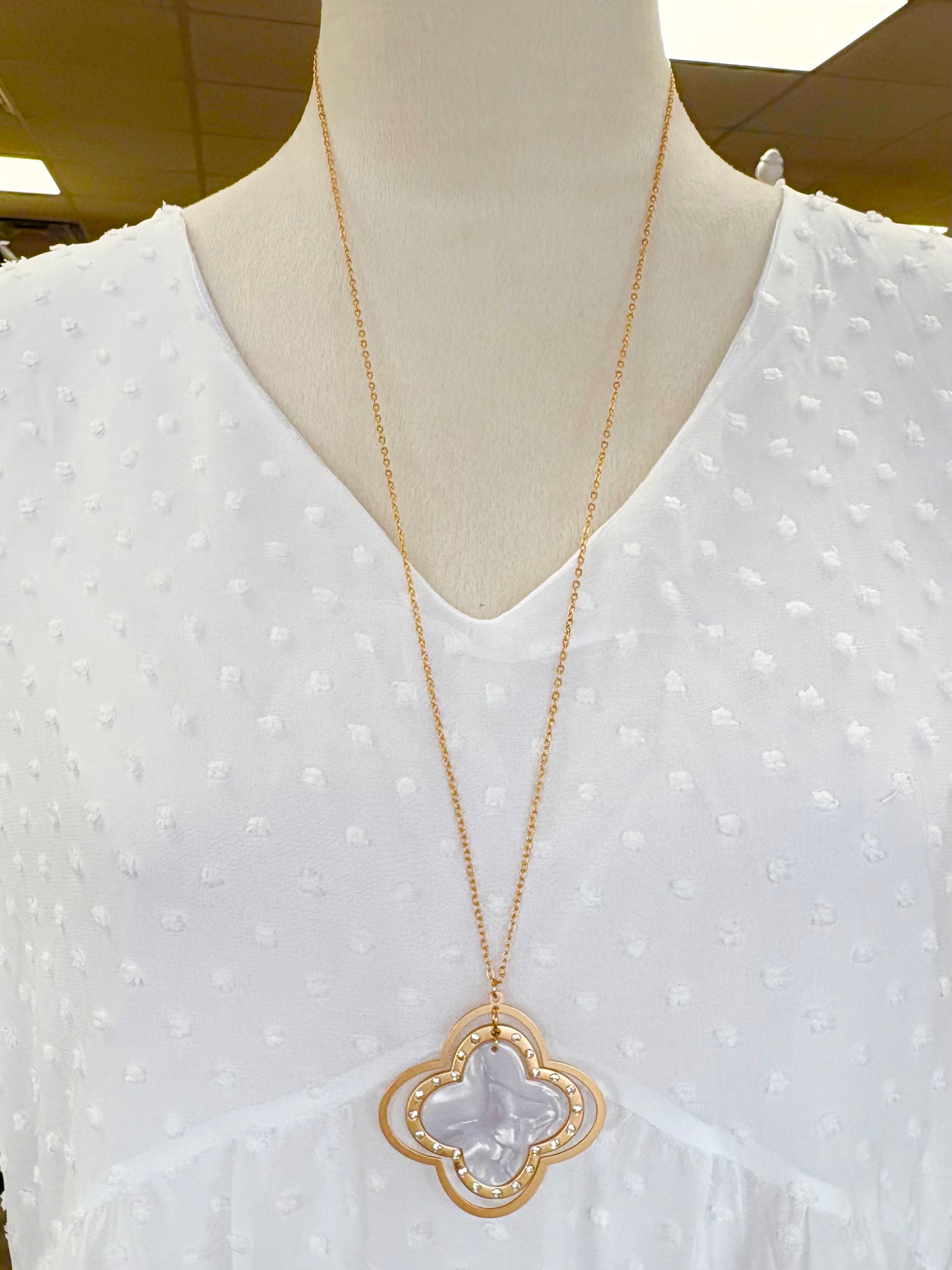 Long Matte Gold Pearl/Rhinestone Necklace