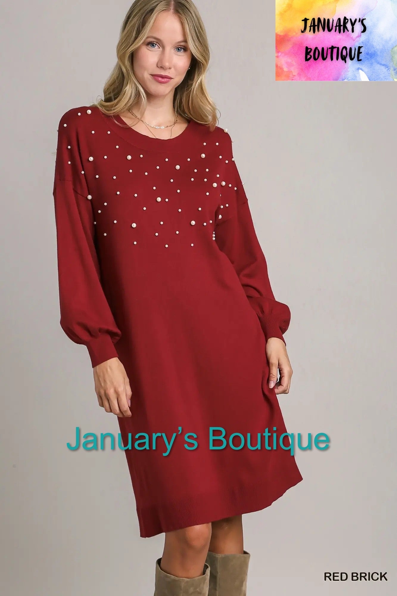 Red Brick Dress With Pearls