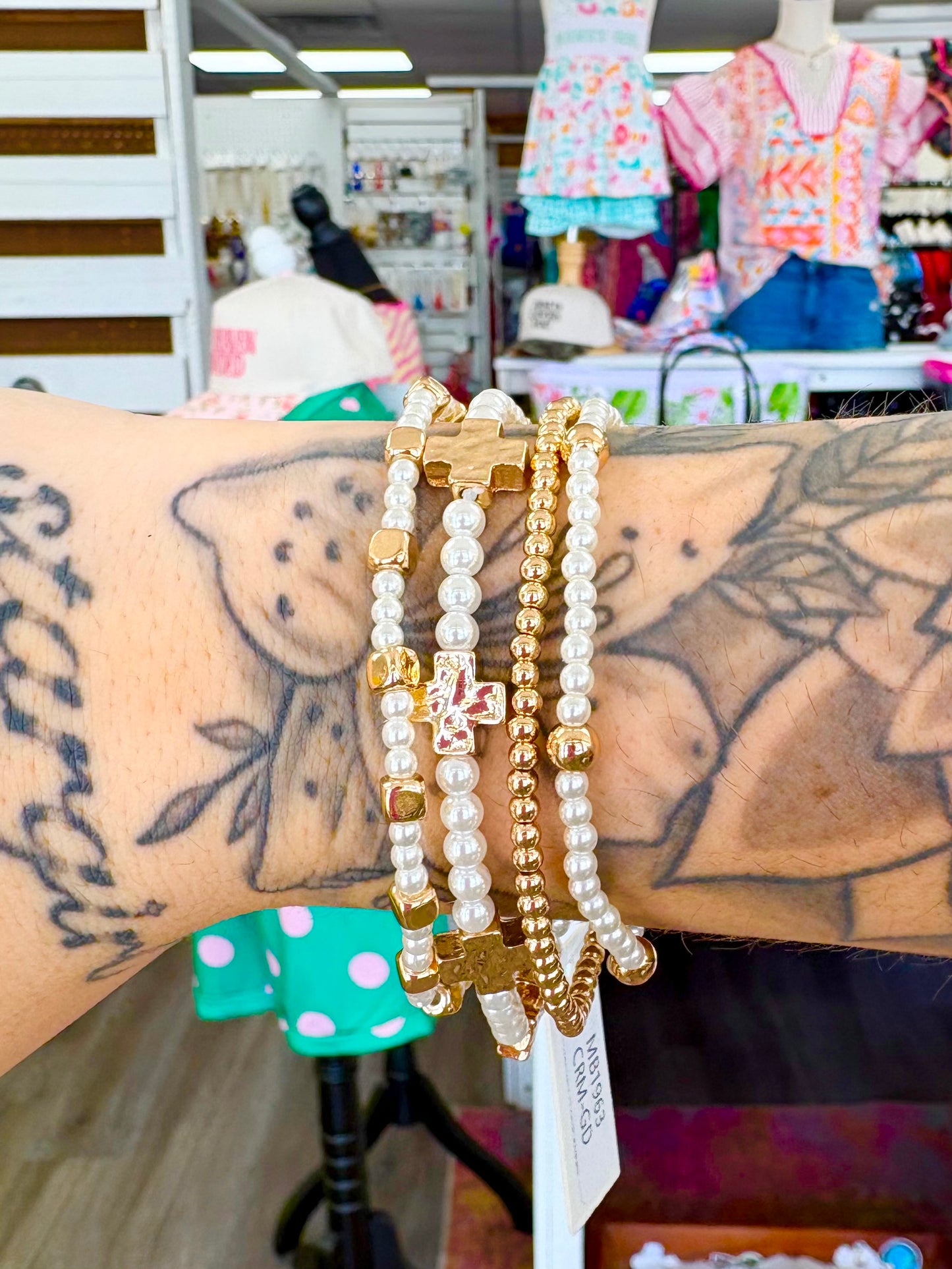 KK Gold/Pearl Dainty Cross Bracelet Set