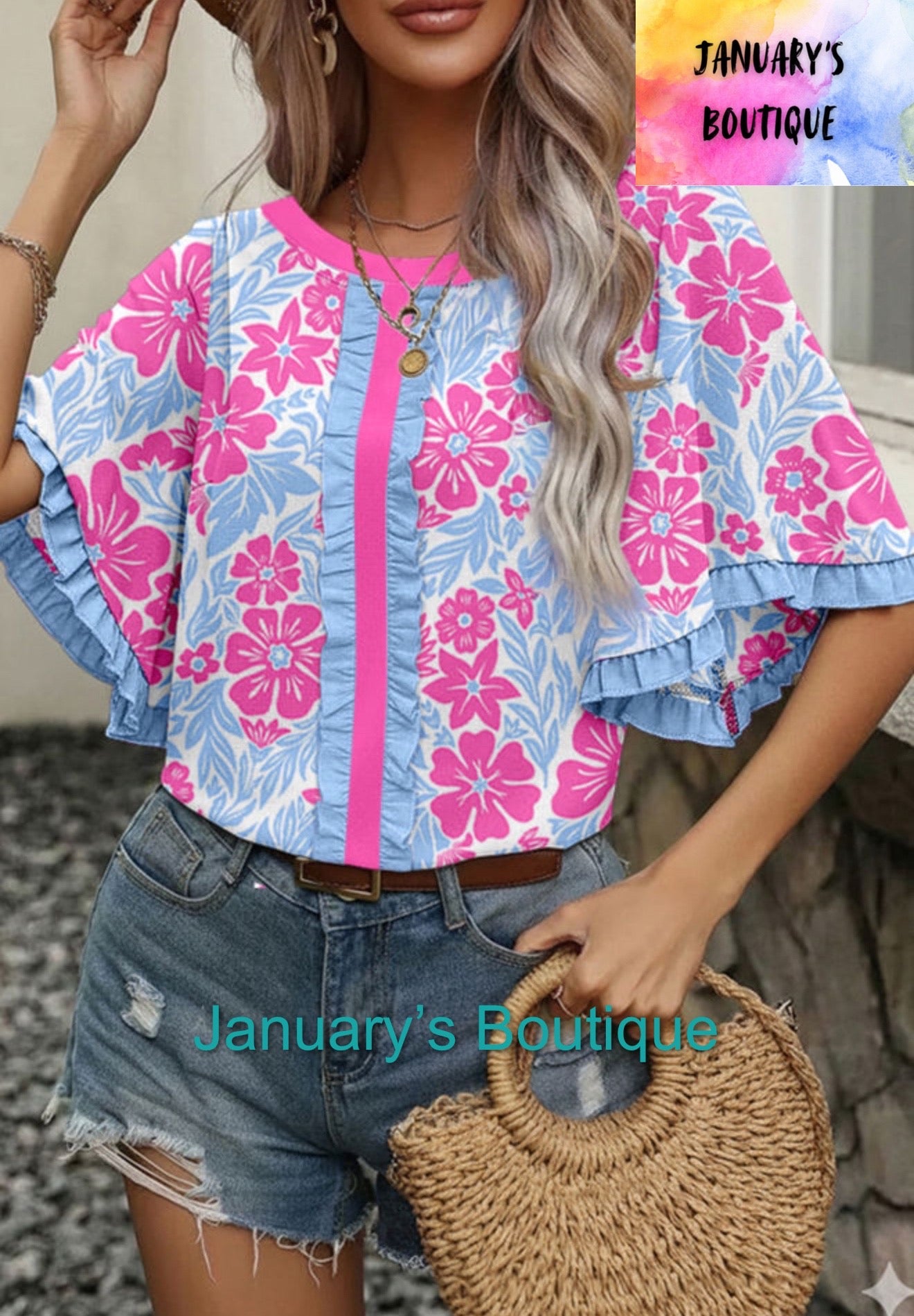 Women’s Pink & Blue Floral Ruffled Top