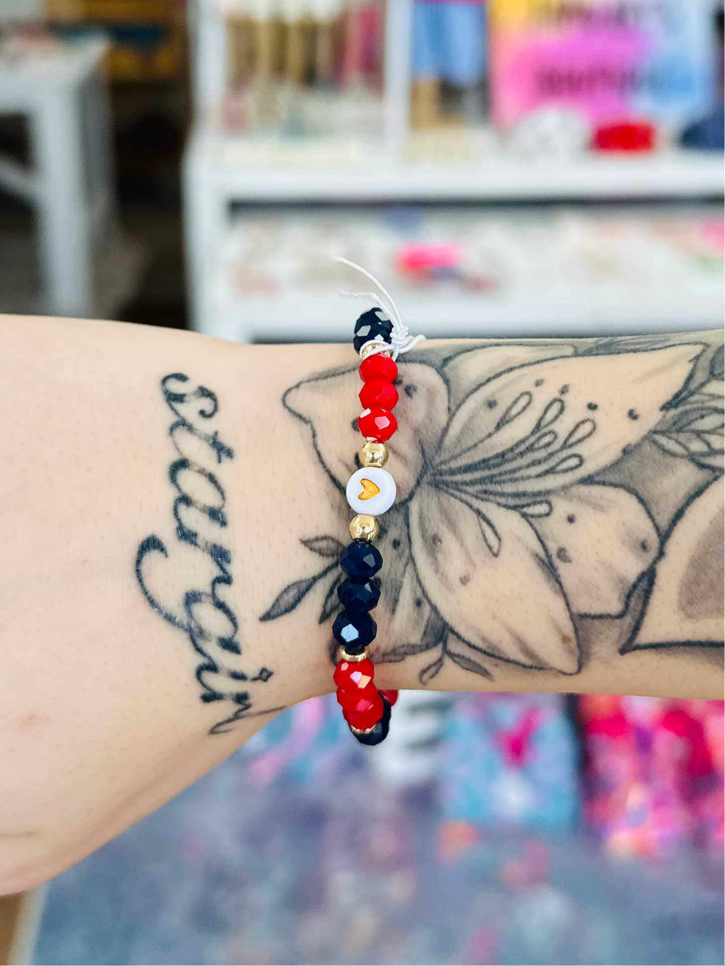 Navy, Red, Gold Faceted Beaded Bracelet with White & Gold Heart