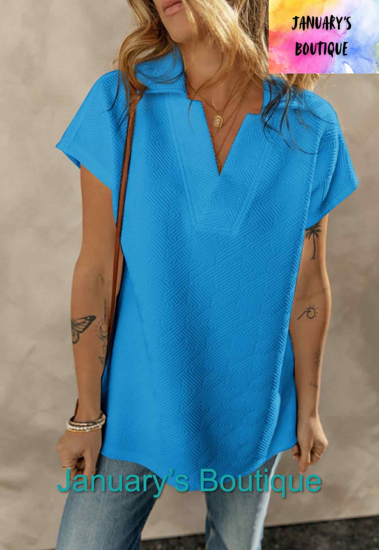 Women's Blue Textured Collared Top