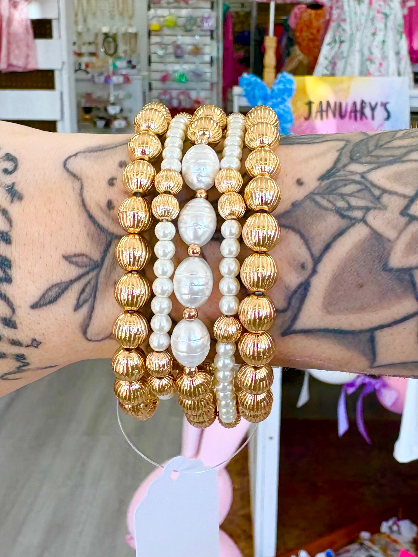 KK Gold & Pearl Beaded Bracelet Set