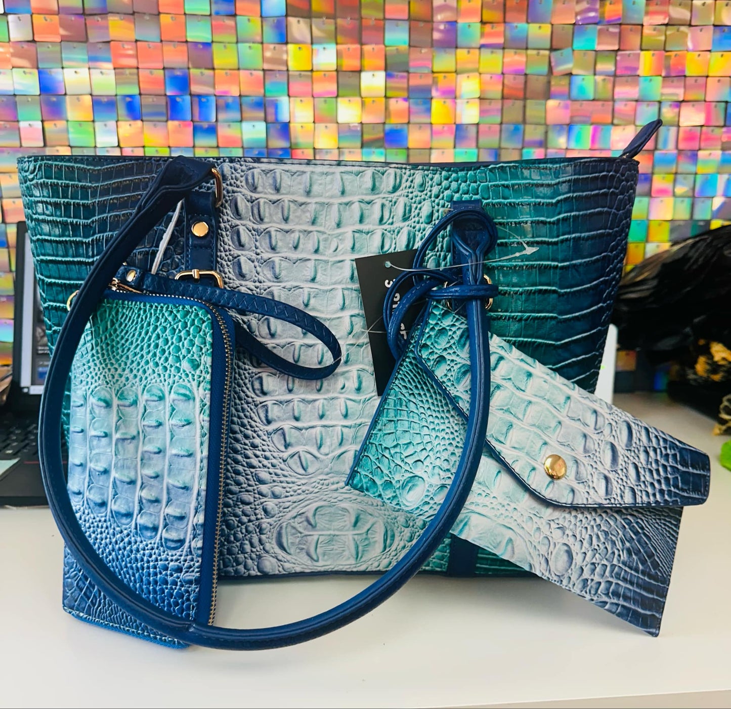 Large 3 Piece Crocodile Print Faux Leather Bag Teal and Blue