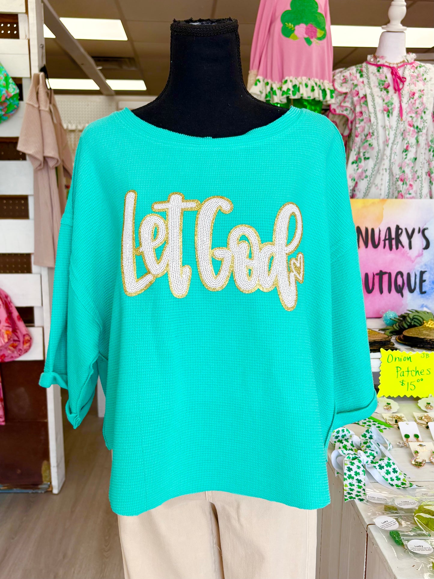Women’s LET GOD Double Knit Exposed Hem Mint Top