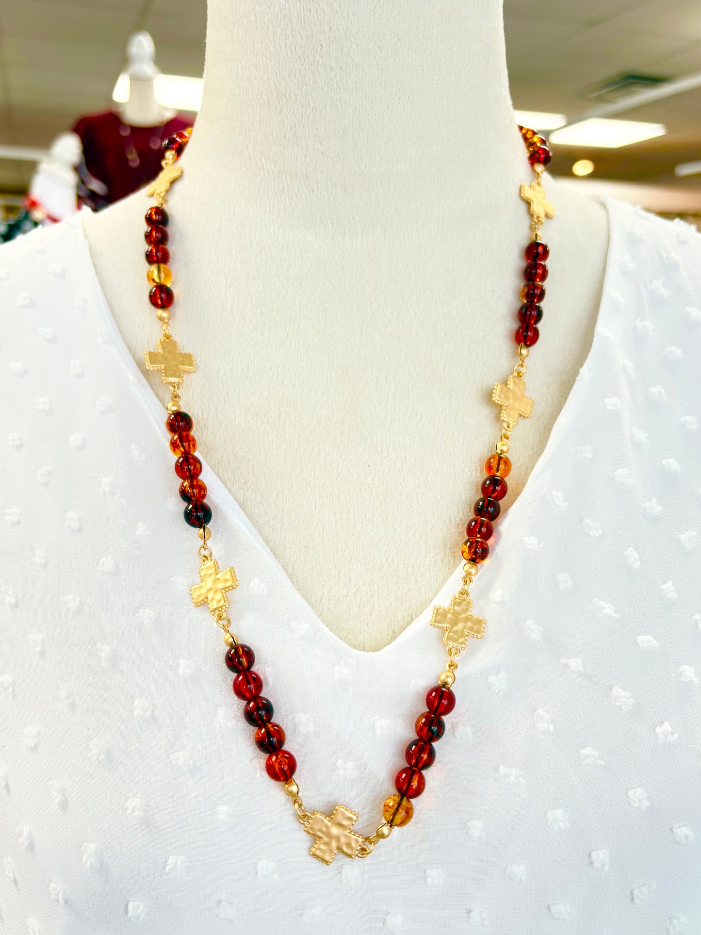Brown Beaded Cross Link Necklace