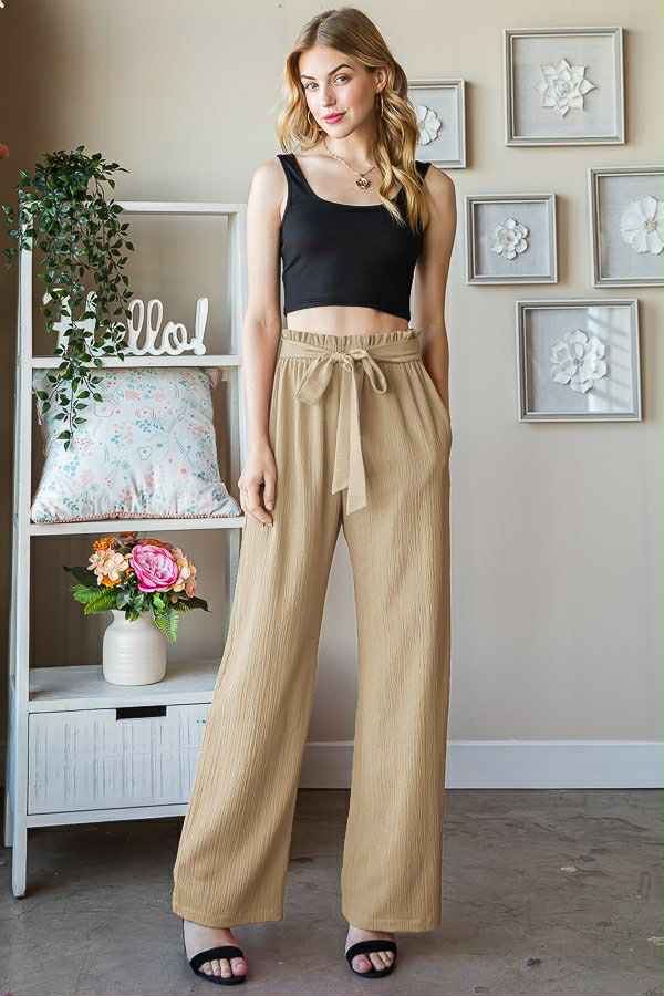Women's Tan Solid Paperbag Waist Pants