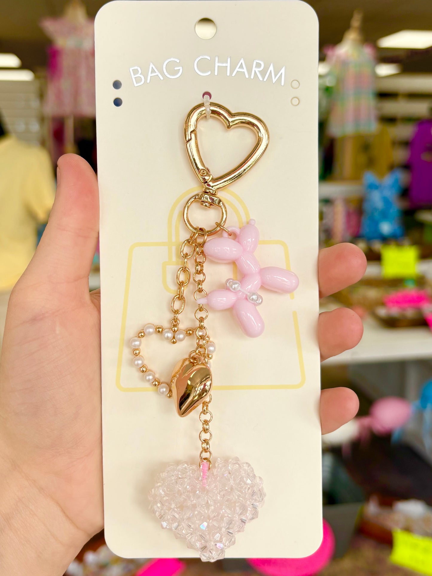 KK Pink Crystal Heart Balloon Dog Bag Charm
