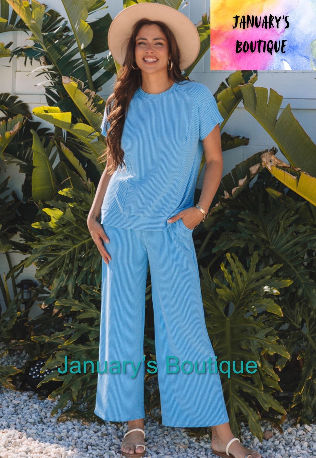 Women’s Blue Ribbed Pant Set