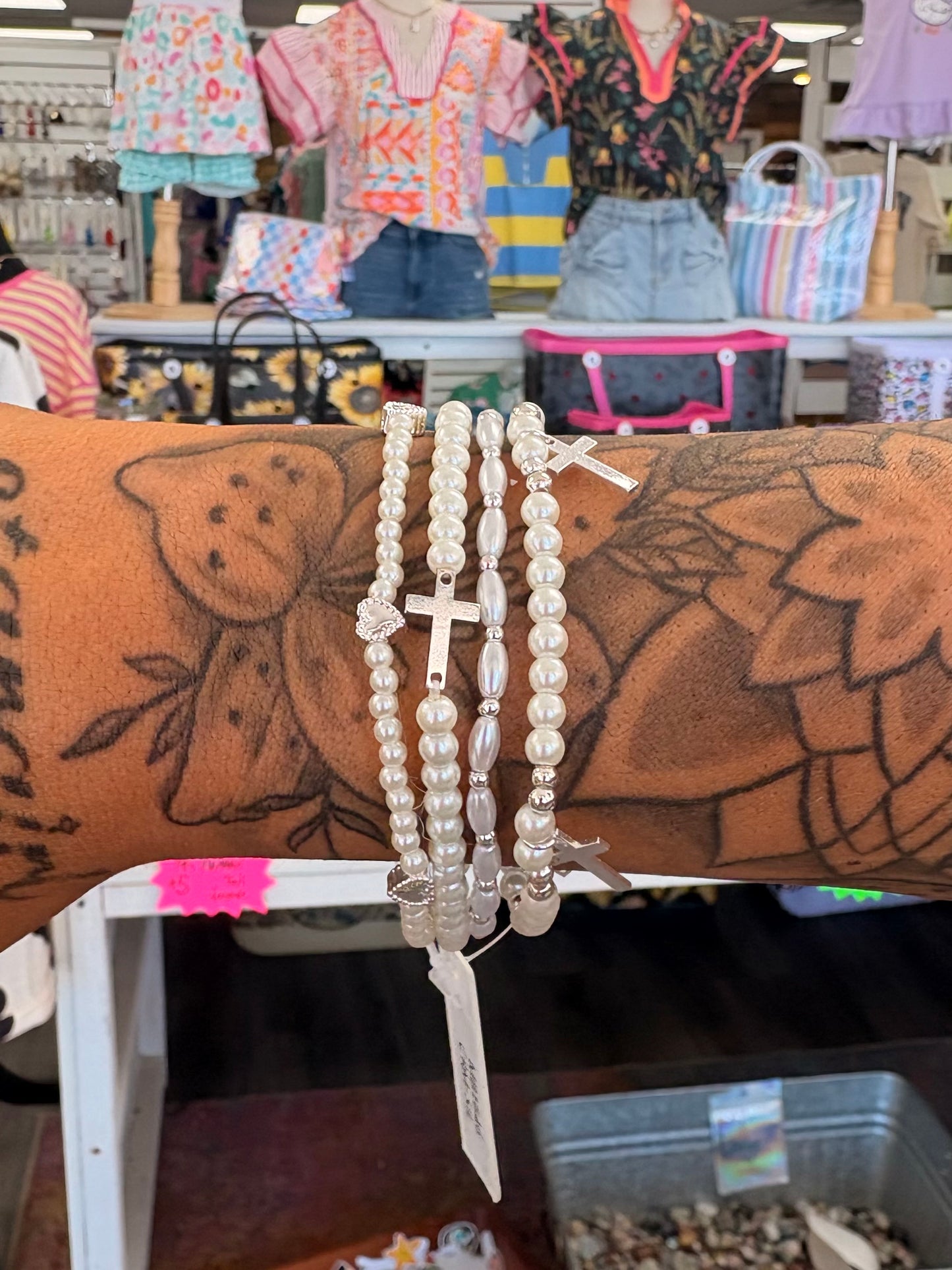 KK Silver/Pearl Cross Charm Bracelet Set