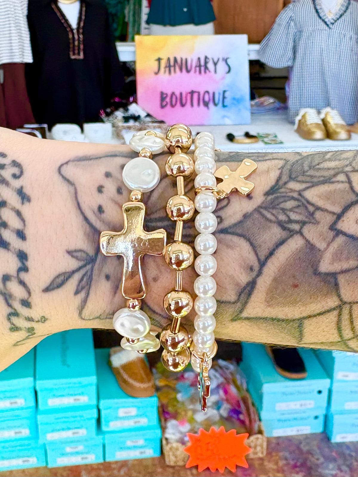 KK 3 Row Cross Multi Charm & Pearl Bracelet